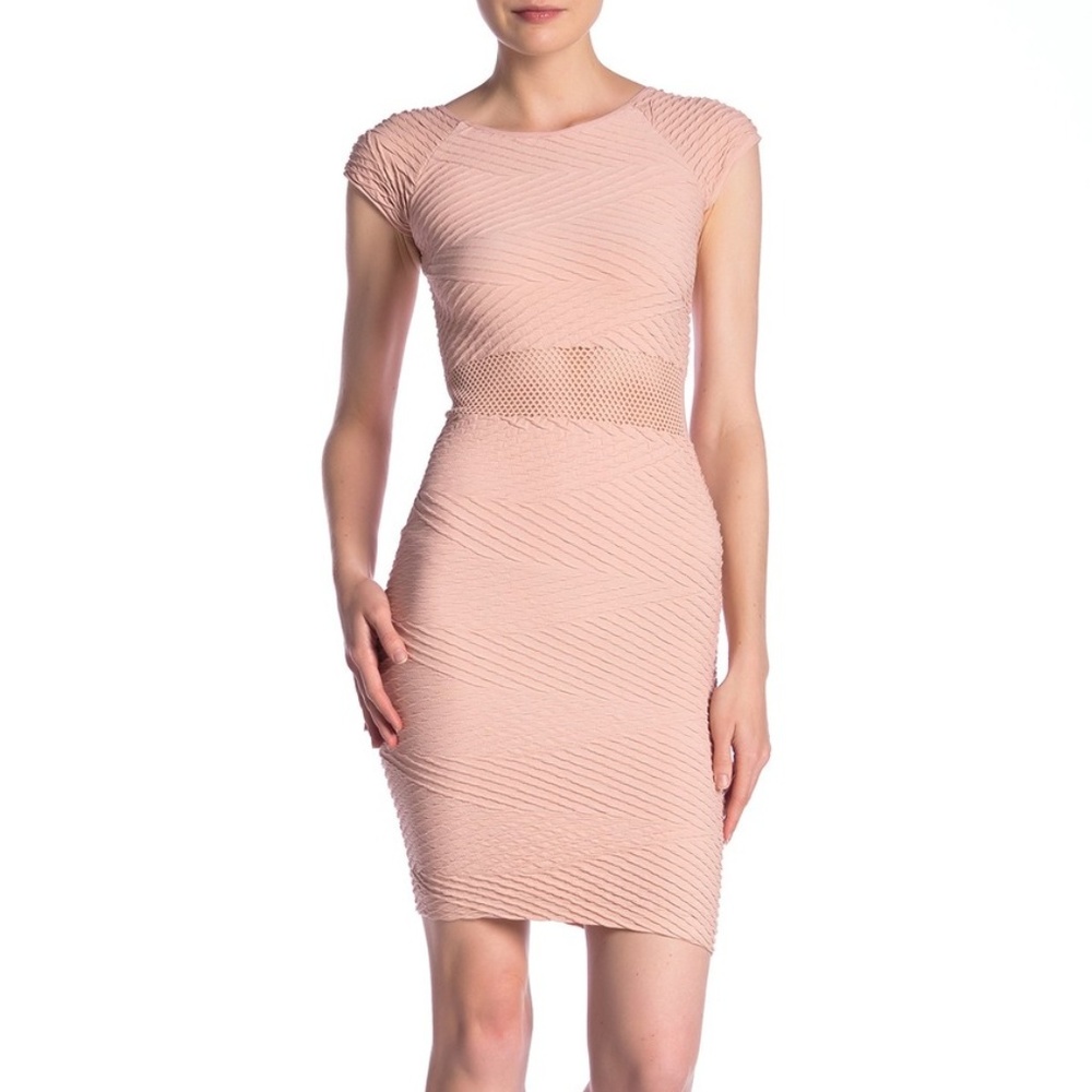 bebe Textured Mesh Waist Bodycon Dress L Blush - USED
